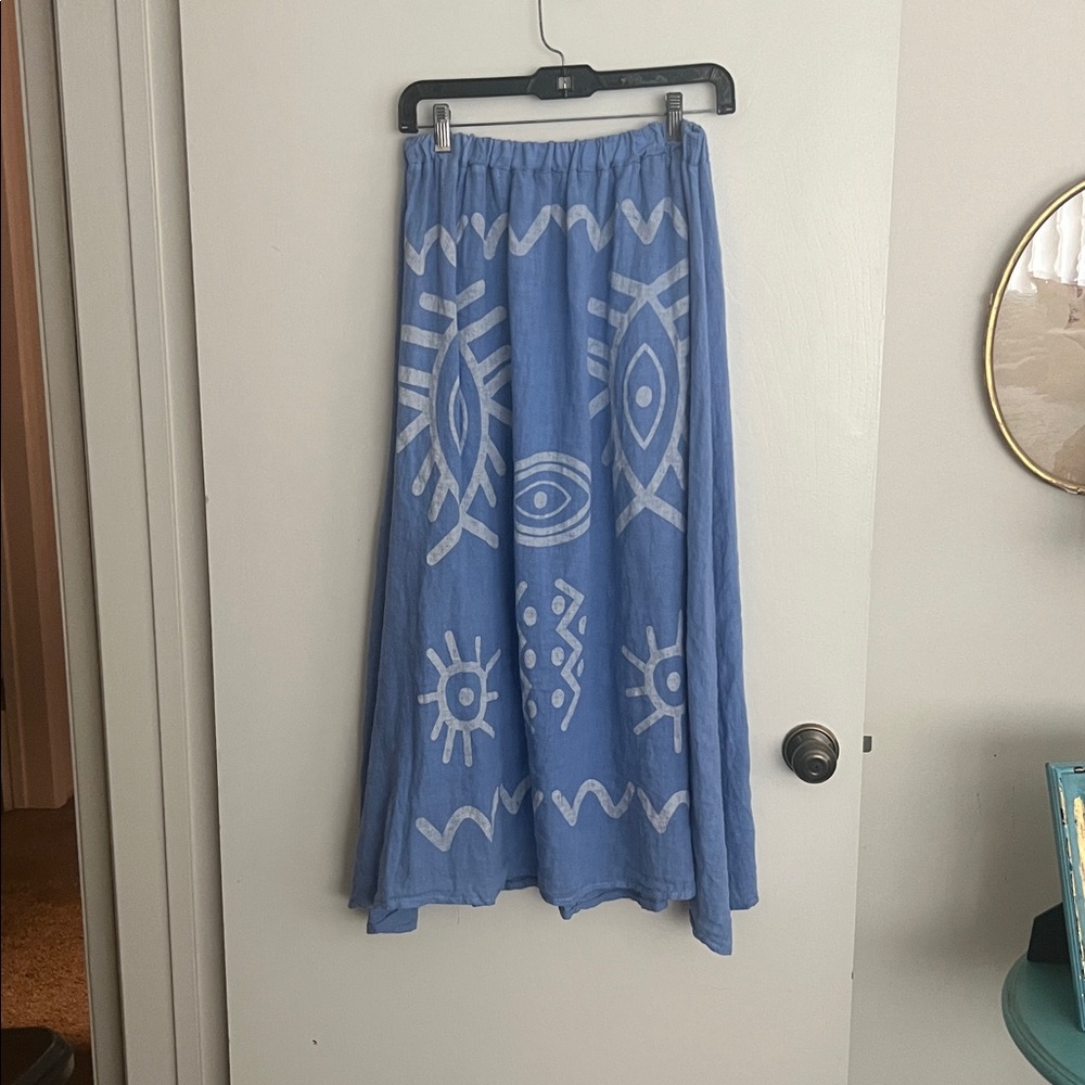 Blue Maxi Skirt with White Tribal Print linen made in Italy